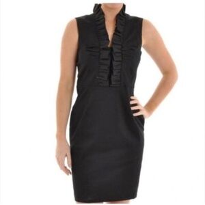 JOSEF Pencil Dress Pinstripe Charcoal Black/White Ruffled V neckline Luxury 10
